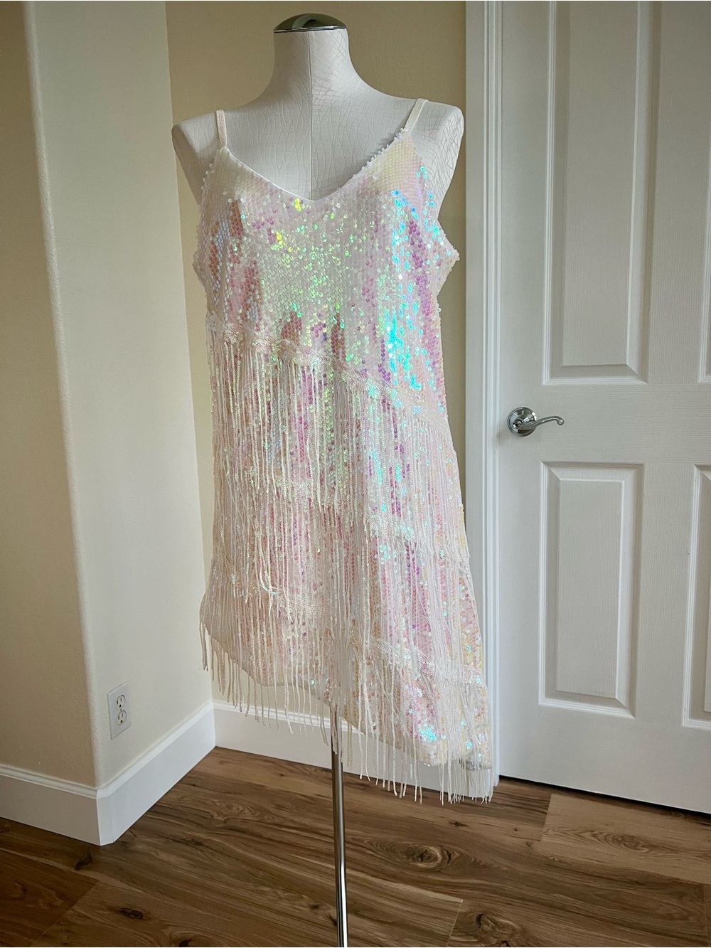 Iridescent Sequin Flapper Dress | Adult M | Gatsby Costume | Asymmetrical Fringe - Picture 2 of 14